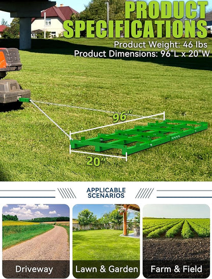 8ft Heavy Duty Drag Harrow for ATV, UTV, Tractor - Adjustable Tow Behind Leveling Rake with Weight Tray for Driveway Grader, Lawn, Field, Pasture, Food Plot Maintenance, Green(96 inch)