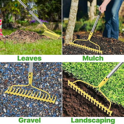 Garden Rakes for Lawns Heavy Duty, 6 FT Bow Rake for Leaves, 17-Tines Metal Rake with Stainless Steel Handle for Yard Leveling, Landscape, Loosening Soil, Yellow