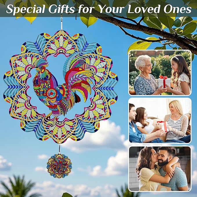 Wind Spinners Outdoor Hanging Rooster - Metal Chicken Gifts for Mom Women Grandma Men, 11.5 Inch 3D Stainless Steel Laser Cut Art Kinetic Wind Spinner for Indoor/Garden Porch Yard Decor