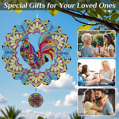 Wind Spinners Outdoor Hanging Rooster - Metal Chicken Gifts for Mom Women Grandma Men, 11.5 Inch 3D Stainless Steel Laser Cut Art Kinetic Wind Spinner for Indoor/Garden Porch Yard Decor
