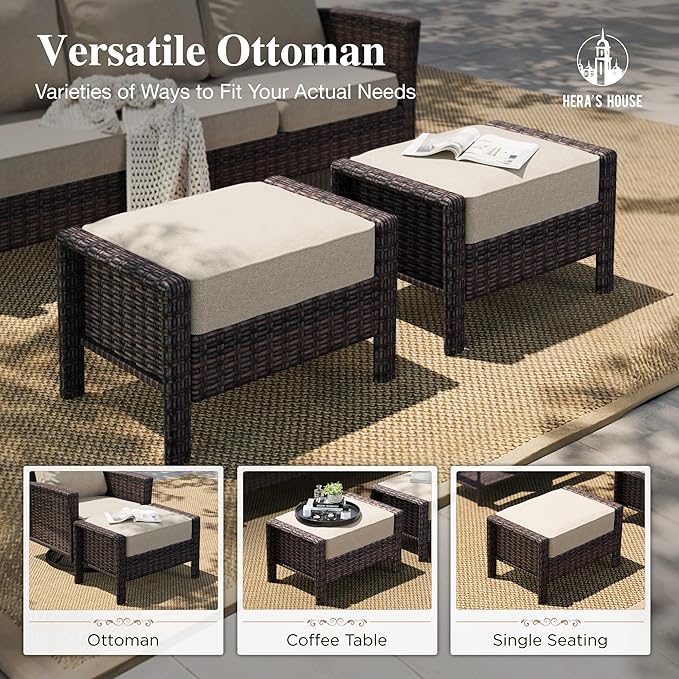 HERA'S HOUSE High Back Patio Furniture Set with Swivel Chairs, Outdoor Wicker Furniture with 5.5" Thick Cushions, Outside Conversation Sofa Sets for Backyard Deck Lawn, Beige