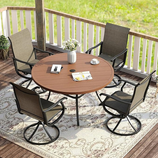 VICLLAX Patio Dining Set for 4, 5 Pieces Outdoor Furniture Includes 40.6" Round Patio Table with Umbrella Hole and 4 Outdoor Swivel Chairs for Lawn Garden, Walnut Tabletop and Mixed Brown Fabric