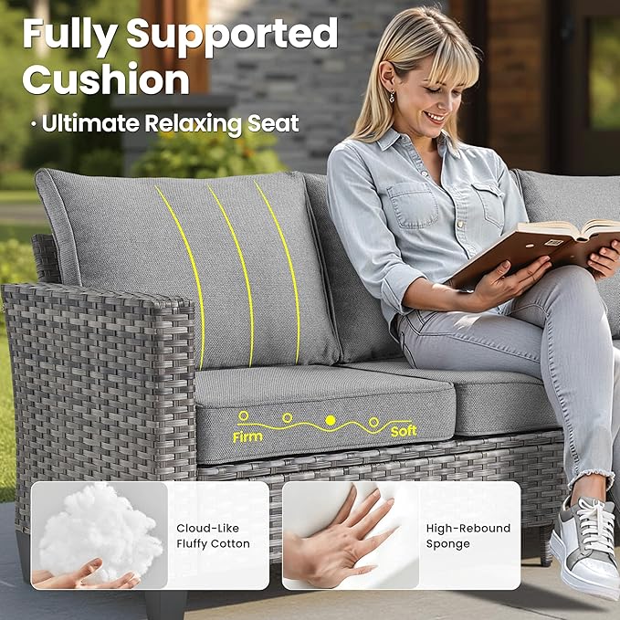 ovios 4 Pieces Patio Furniture Set Outdoor Sofa Couch with Solar Lights Table Comfy Cushions, Modern Deep Seat Wicker Rattan Conversation Set for Porch Deck, Dark Grey