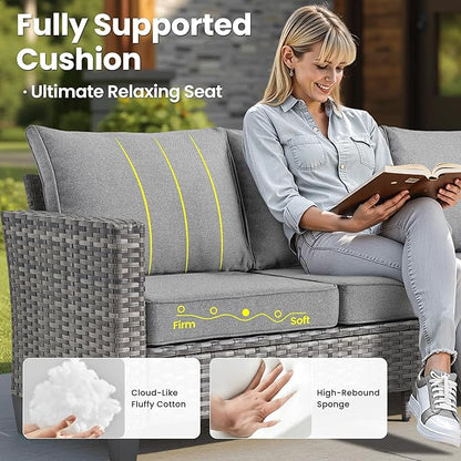 ovios 7 Pieces Patio Furniture Set with 42" Fire Pit Table, Outdoor Sofa Couch with Solar Lights Table Comfy Cushions, Modern Deep Seat Wicker Rattan Conversation Set, Dark Grey
