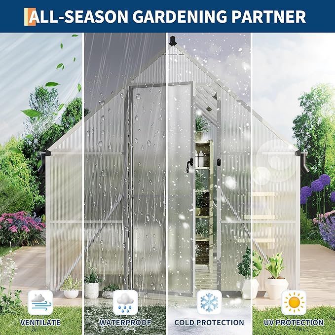 8X14 ft Polycarbonate Greenhouse with Aluminum Frame, Polycarbonate Greenhouse for Outdoors, Greenhouses with Ventilation and Rain Gutter, Aluminum Large Walk-in Greenhouses for Outside