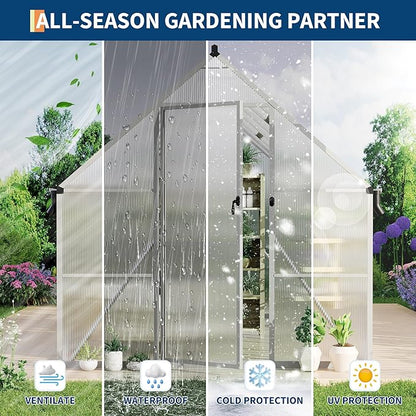 8X14 ft Polycarbonate Greenhouse with Aluminum Frame, Polycarbonate Greenhouse for Outdoors, Greenhouses with Ventilation and Rain Gutter, Aluminum Large Walk-in Greenhouses for Outside