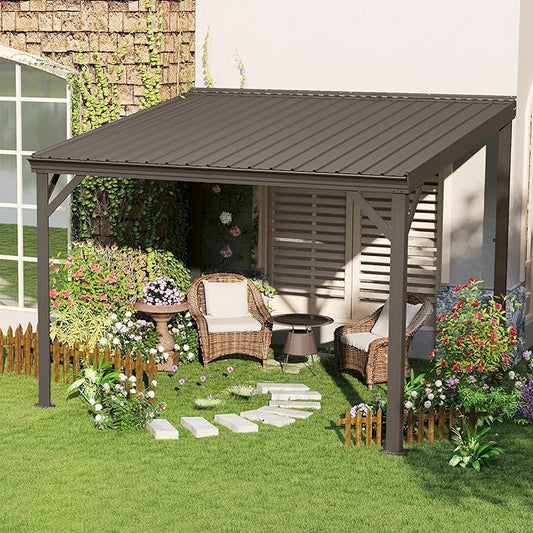 10x10FT Lean to Gazebo, Outdoor Hardtop Wall Mount Gazebo with Gutter & Sloping Galvanized Steel Roof, Metal Hard Top Awnings for Deck, Porch, Backyard- Brown