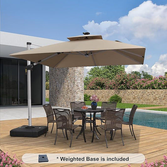 PURPLE LEAF 10 Feet Solar Powered LED Square Cantilever Umbrella With Base Patio Umbrellas Windproof Hanging Umbrella Outdoor Umbrellas Offset Umbrellas, Beige