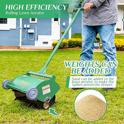 Rolling Lawn Aerator, Heavy Duty Push Spike Aeration Tool Up to 55 lbs, Manual Rotary Grass Aerator for Garden and Yard Use