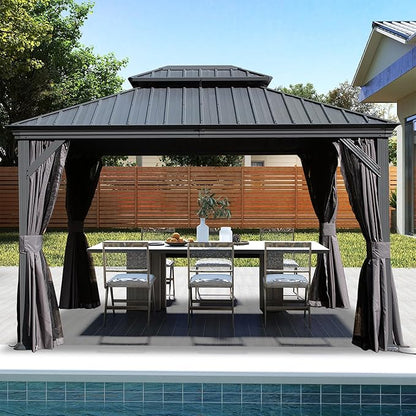 Domi 10x13FT Outdoor Gazebo, Hardtop Gazebo with Galvanized Steel Double Roof, Metal Gazebos with Drainage System Patio Pergola for Patio Deck Backyard,Curtain and Netting,Gray