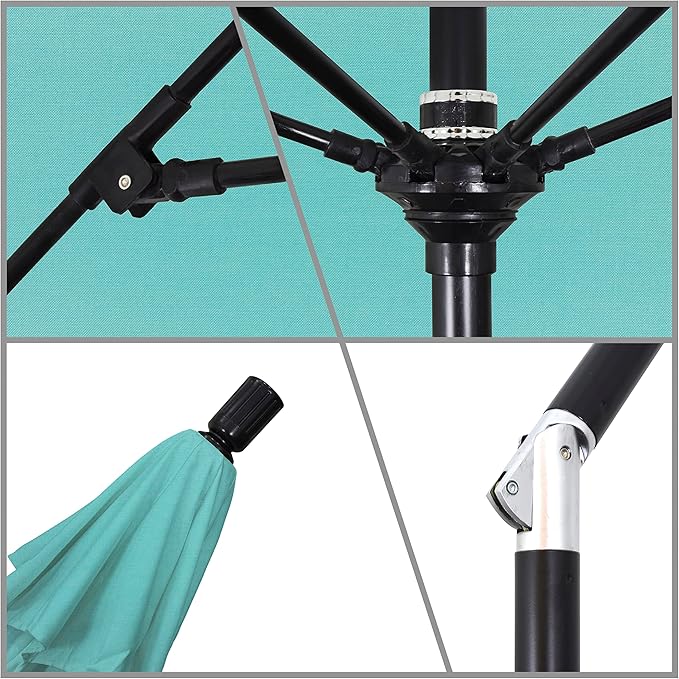 California Umbrella 9' Round Aluminum Pole Fiberglass Rib Market Umbrella, Crank Lift, Collar Tilt, Black Pole, Sunbrella Spectrum Mist