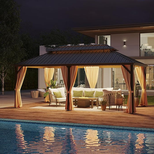 12'x20' Hardtop Gazebo Outdoor Aluminum Patio Gazebo Double Roof Galvanized Steel Canopy with Netting and Curtains for Garden, Backyard,Deck and Lawns