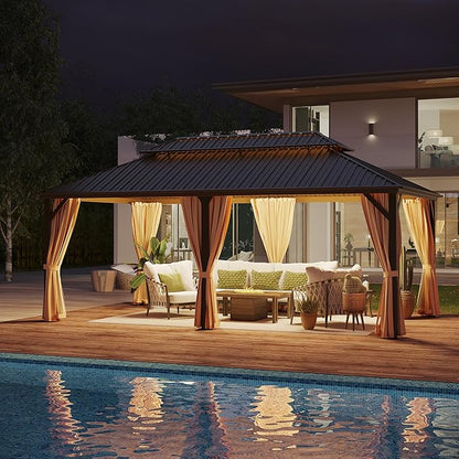 12x20 ft Hardtop Gazebo Outdoor Aluminum Patio Gazebo Double Roof Galvanized Steel Canopy with Netting and Curtains for Garden, Backyard,Deck and Lawns