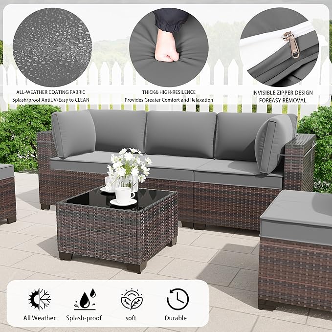 Outdoor Patio Furniture Set, 9 Pieces Outdoor Furniture All Weather Patio Sectional Sofa PE Wicker Modular Conversation Sets with Coffee Table,8 Chairs & Seat Clips(Grey)