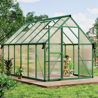 8x12 FT Outdoor Greenhouse, Polycarbonate Greenhouse with Roof Vent and Ground Nails, Aluminum Large Walk-in Green House w/Lockable Push Door for Outside Garden Backyard (Green, 8x12 FT)