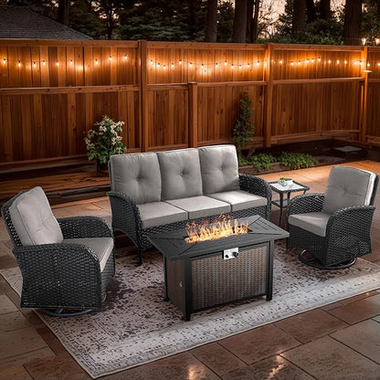 5 Piece Patio Furniture Sets with Fire Pit Table - Wicker Patio Conversation Sets with Swivel Glider, Loveseat, Tempered Glass Side Table for Deck Backyard - Black Wicker Beige Cushion