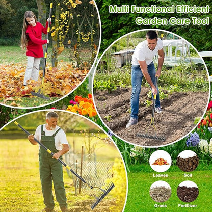 Thatch Rake 5.5FT Heavy Duty Metal Dethatcher Rake with Adjustable Long Handle 19-Tine 15” Wide Lawn Yard Garden Tool for Cleaning Dead Leaf Grass Loosing Soil