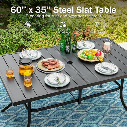 PHI VILLA 7 Piece Outdoor Dining Set for 6, 60” Rectangular Metal Steel Table with Umbrella Hole & Stacking Wrought Iron Chairs, Large Furniture Set for Patio, Deck, Yard - Black
