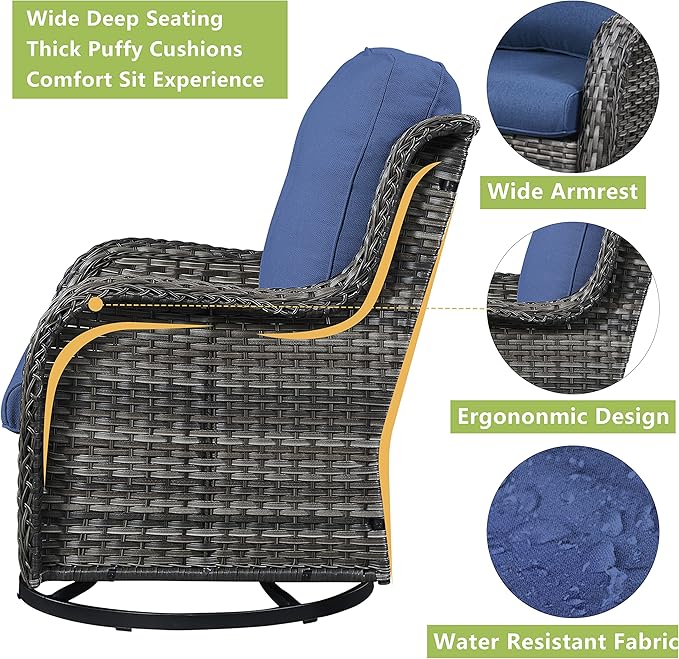 Rilyson 6 Piece Outdoor Patio Furniture Set - Rattan Wicker Patio Conversation Sets with 2 Swivel Rocker Chairs,2 Ottomans,1 Sofa and 1 Coffee Table for Outside Porch Deck Yard (Mixed Grey/Blue)