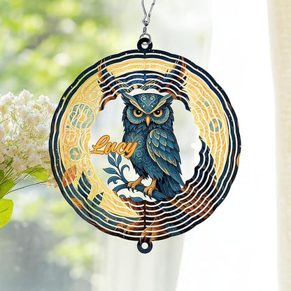 Personalized Owl Wind Spinner 3D Stainless Steel, Owl Garden Spinner Hanging Outdoor Decor, Wind Spinners Outdoor, Custom Gift for Grandmother, Mom, Wife