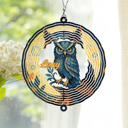 Personalized Owl Wind Spinner 3D Stainless Steel, Owl Garden Spinner Hanging Outdoor Decor, Wind Spinners Outdoor, Custom Gift for Grandmother, Mom, Wife