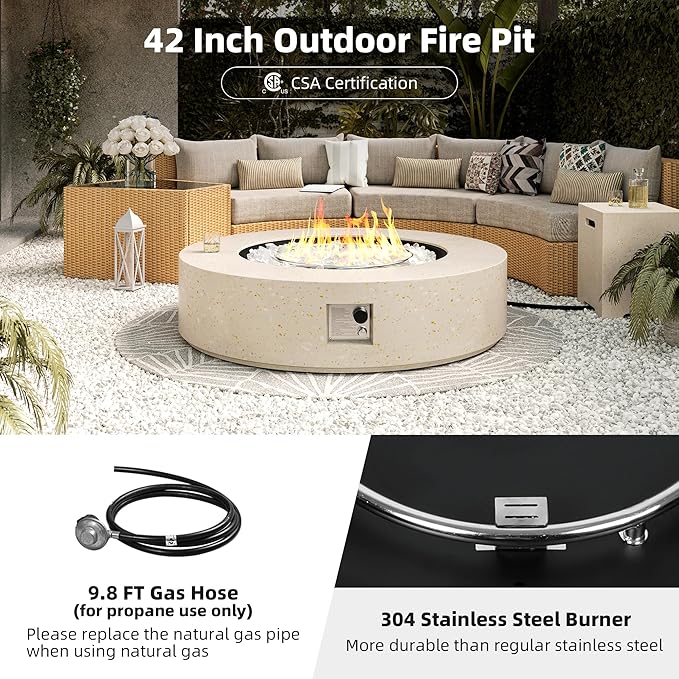 UPHA 42-inch Outdoor Propane Gas Fire Pit Table 50000 BTU Concrete Round FirePit for Outside Patio with Propane Tank Cover, White Glass Rocks, Rain Cover,Beige