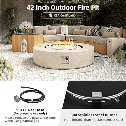 UPHA 42-inch Outdoor Propane Gas Fire Pit Table 50000 BTU Concrete Round FirePit for Outside Patio with Propane Tank Cover, White Glass Rocks, Rain Cover,Beige