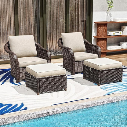 4 Pieces Patio Outdoor Conversation Furniture Set with Cushions, All-Weather Wicker Ottomans, PE Rattan 2 Chairs for Backyard, Deck, Lawn (Beige)