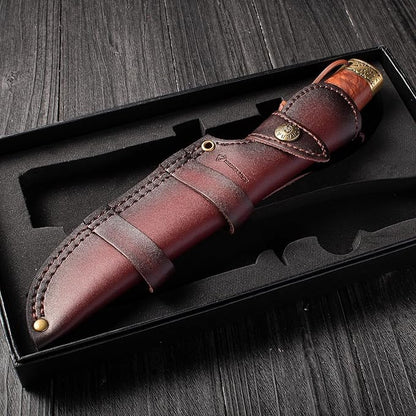 Fixed Blade Hunting Knife with Horizontal Leather Sheath YU-LN, 10.63" Bushcraft Knife for Men with Wood Handle, Gift for Men