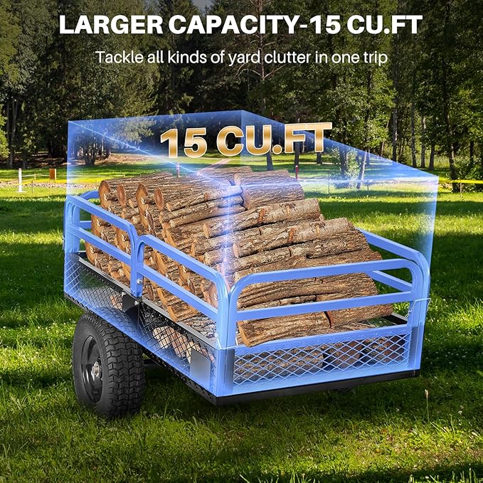 Heavy Duty Steel ATV Dump Trailer, 1500-Pound Load Capacity, Tow Behind Dump Cart Garden Trailer, with Removable Sides and 2 Tires, for Mowers, Tractors, ATV, UTV