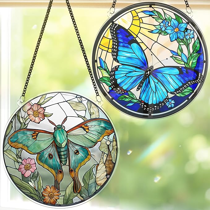 2 Luna Moth Butterfly Acrylic Suncatcher, Art Decor for Home, Suncatcher for Window Hanging, Indoor, Garden, Housewarming, Gift for Mom, Grandma, Women, Friend, Bird Lover SCB-A6-B5