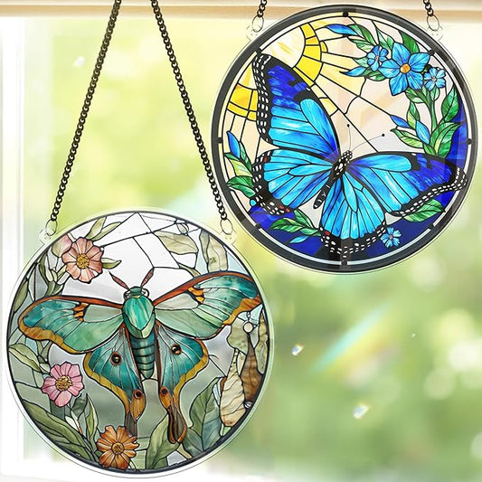 2 Luna Moth Butterfly Acrylic Suncatcher, Art Decor for Home, Suncatcher for Window Hanging, Indoor, Garden, Housewarming, Gift for Mom, Grandma, Women, Friend, Bird Lover SCB-A6-B5