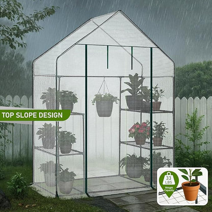 Outvita Walk-in Greenhouse, Outdoor Durable PE Plant Green House for Frost Protection with 3 Tiers 4 Shelves, Shelf Clips, Roll-up Zipper Door, 56"x29"x77" White