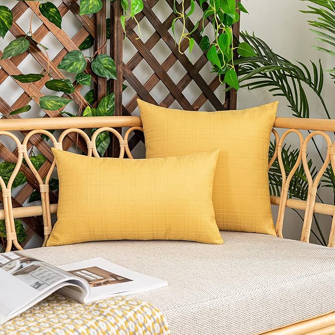 Kevin Textile Pack of 2 Outdoor Waterproof Throw Pillow Covers Decorative Farmhouse Checkered Square Solid Cushion Cases for Patio Garden Porch Sofa Yellow 18x18 inch