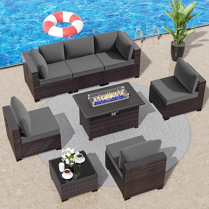 Outdoor Patio Furniture Set with Propane Fire Pit Table, 8 Pieces Furniture Patio Sectional Sofa Conversation Set w/ETL Approved 43" Gas Outdoor Fire Table & Coffee Table (Grey)