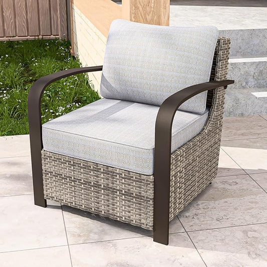 COOS BAY Aurora Terrace Outdoor Chairs with Cushions, Wicker Dining Set with Deep 4-Inch Seating, Modern Curved Armrest Porch Chairs, Set of 1, Beige/Beige