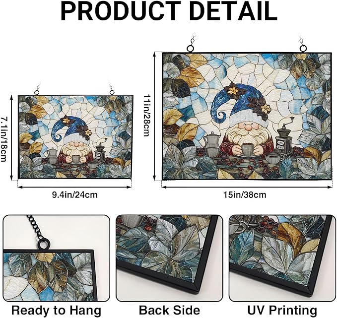 Rectangle Coffee Gnome Stained Glass Window Hanging Customized Suncatcher Glass Panel with Metal Chain Sun Catchers Wall Art Home Decor Gift for Women Mother's Day