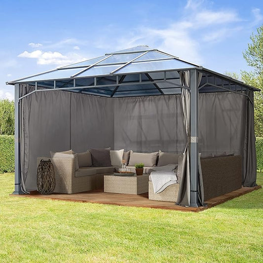 TOOLPORT Hardtop Gazebo 13x13 ft with Aluminum Frame and Approx. 8 mm Polycarbonate Roof - Side Panels in Gray