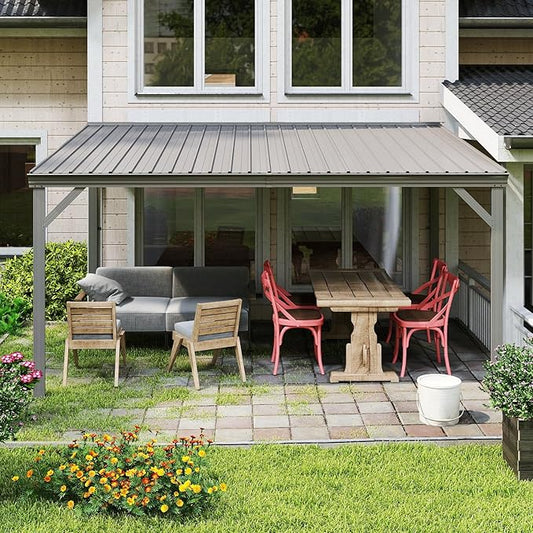 Domi 10’x14’ Wall-Mounted Hardtop Gazebo Pergola – Permanent Lean-to Outdoor Shelter with Sloped Galvanized Steel Roof & Upgraded Drainage – Grey Metal Patio Cover for Backyard, Deck, Garden