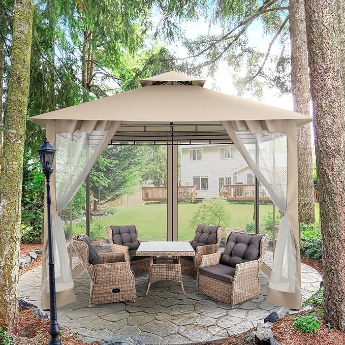 COBIZI Gazebo 10x10 Heavy Duty Gazebos with Improved Nettings Outdoor Gazebo Canopy Double Roof Patio Gazebos with Metal Steel Frame for Patio, Deck, Backyard (Khaki)