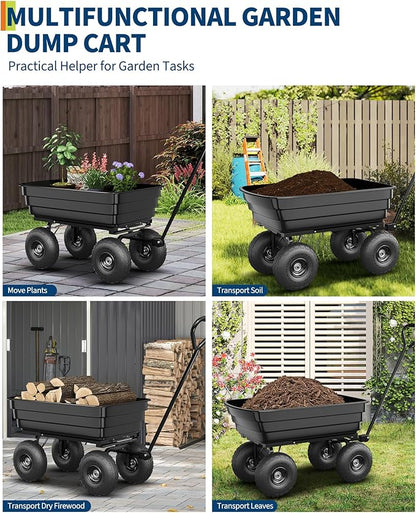 GarveeLife Poly Dump Cart - Heavy Duty 600 LBS Garden Cart with Quick-Release Dumping 10 in Tires, Utility Wagon for Yard Work, Landscaping, Gardening