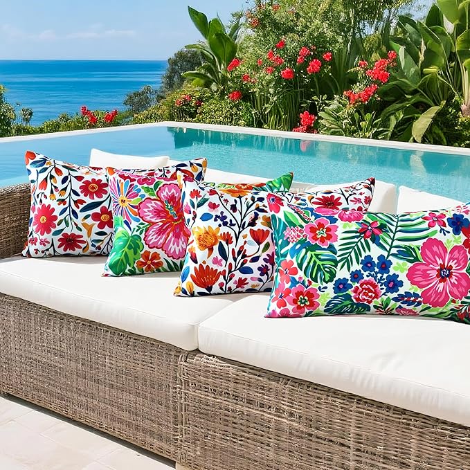 Outdoor Pillow Covers 12x20 Inch Set of 2 Floral Printed Boho Throw Pillows Cases Waterproof Lumbar Garden Cushion Sham for Spring Summer Patio Funiture Tent Balcony Bench Sofa Couch