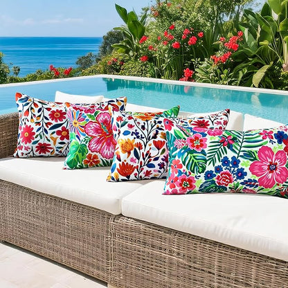 Outdoor Pillow Covers 12x20 Inch Set of 2 Tropical Floral Plants Boho Throw Pillows Cases Waterproof Lumbar Garden Cushion Sham for Patio Funiture Tent Balcony Bench Sofa Couch