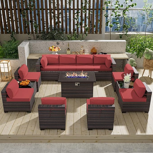 13 Pieces Outdoor Patio Furniture Set with Propane Fire Pit Table Outdoor Furniture Patio Sectional Sofa Conversation Sets w/ETL Approved 43" Gas Outdoor Fire Table & Coffee Table (Red)