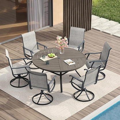 VICLLAX 7 Pieces Patio Dining Set for 6, Outdoor Furniture Set Includes 53" Outdoor Round Table and 6 Patio Swivel Chairs for Lawn Garden, Grey Wood Grain Tabletop and Grey Fabric