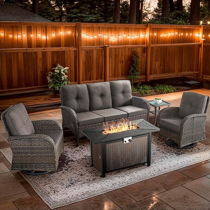 5 Piece Patio Furniture Set with Fire Pit Table - Wicker Patio Conversation Set with Swivel Glider, 3-Seat Sofa, Tempered Glass Side Table for Deck Backyard - Brown Wicker Grey Cushion