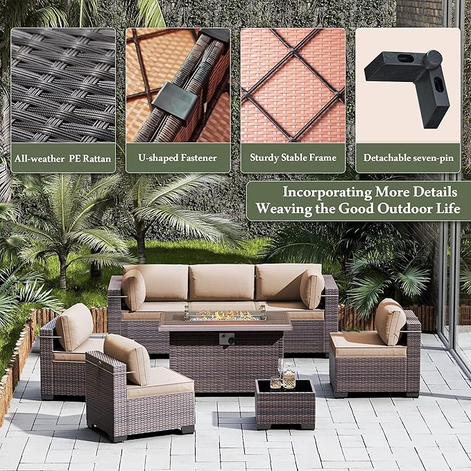 Outdoor Patio Furniture Sets with Propane Fire Pit Table, 10 Pieces Outdoor Furniture Patio Sectional Sofa Conversation Set w/ETL Approved 43" Gas Outdoor Fire Table & Coffee Table Brown.