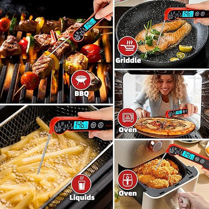 Digital Meat Thermometer for Cooking – Waterproof Instant Read Food Thermometer with Backlight & Calibration, Fast Read, Folding Probe for BBQ, Grill, Candy, Deep Fry, Kitchen, Liquids, Beef（Red）