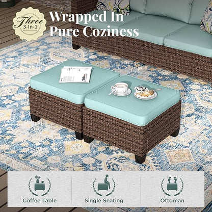 Swivel Glider Patio Furniture Set, 5 Pcs Wicker Outdoor Conversation Set, 2 x Swivel Chairs, 1 x 3 Seater Sofa and 2 x Ottoman, Blue