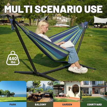 Hammock with Heavy-Duty Steel Stand for Outside，Hammocks 450 Lb Capacity，Portable Hammock，2 People Standing Hammocks，Suitable for Beach，Backyard, Gardens, Patio, Bedroom，100 * 40 * 38 Inch （Blue）